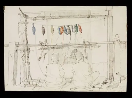 Three men from Amritsar jail working at a carpet loom