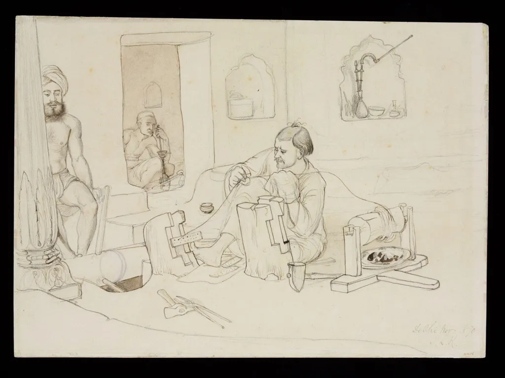 Three men in a workshop producing silver gilt wire, by John Lockwood Kipling, 1870