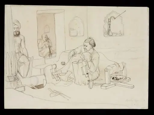Three men in a workshop producing silver gilt wire, by John Lockwood Kipling