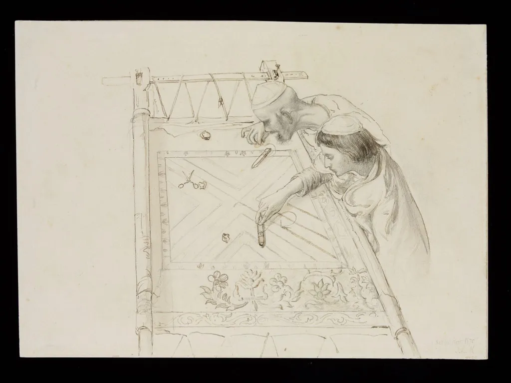 Two men working at an embroidery frame, by John Lockwood Kipling, 1870