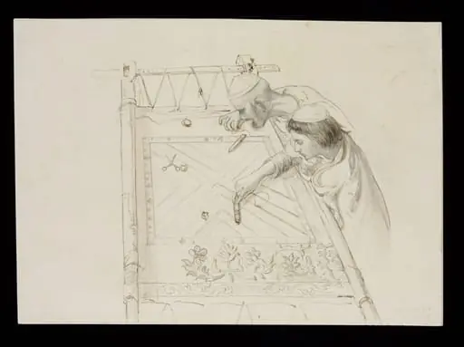 Two men working at an embroidery frame, by John Lockwood Kipling