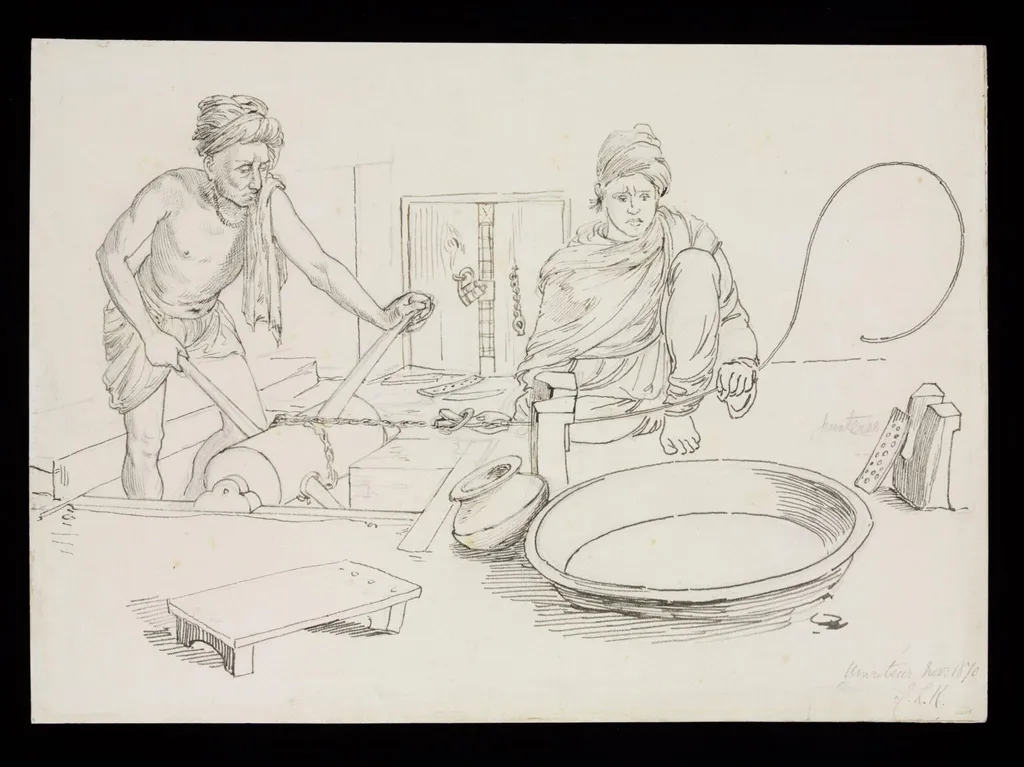 Two men working with machines to produce silver gilt wire, by John Lockwood Kipling, 1870