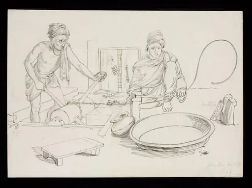 Two men working with machines to produce silver gilt wire, by John Lockwood Kipling