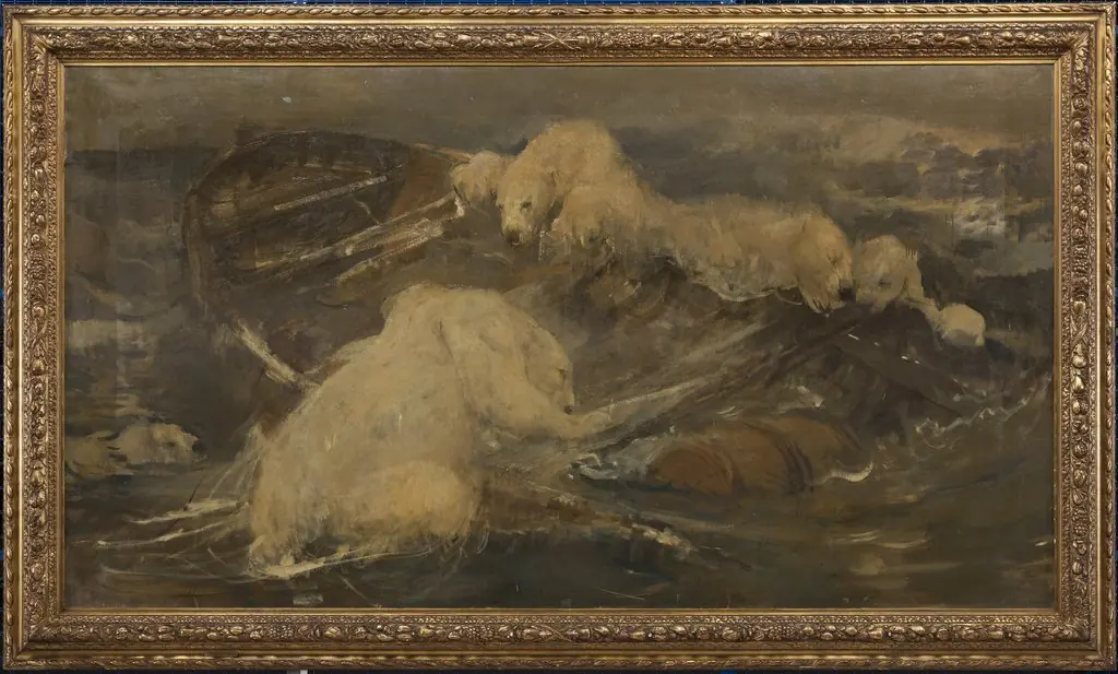 IJsberen beklimmen een ronddrijvende sloep, by John Macallan Swan