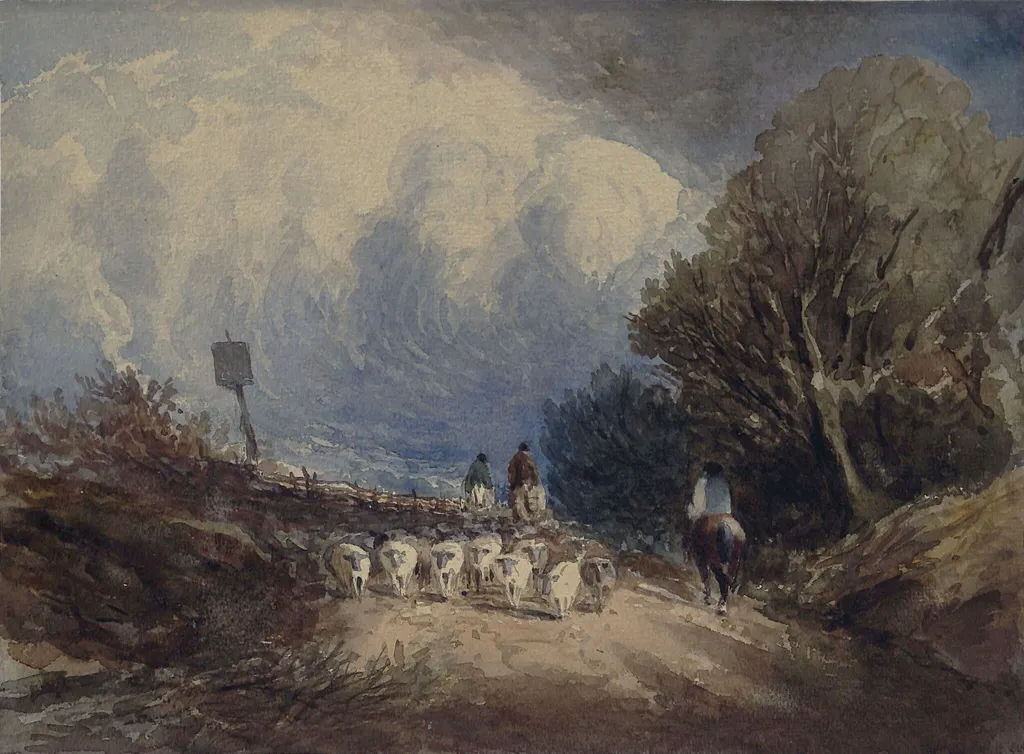 Landscape with horsemen and sheep on a road, by John Macpherson, watercolor, 1874