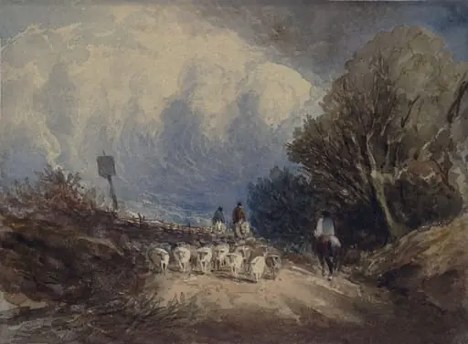Landscape with horsemen and sheep on a road
