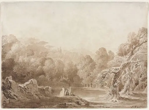 A Man Playing a Harp with other Figures beside a Lake, by John Martin