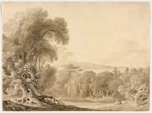 Figures Seated by a Lake in a Wooded Landscape, by John Martin
