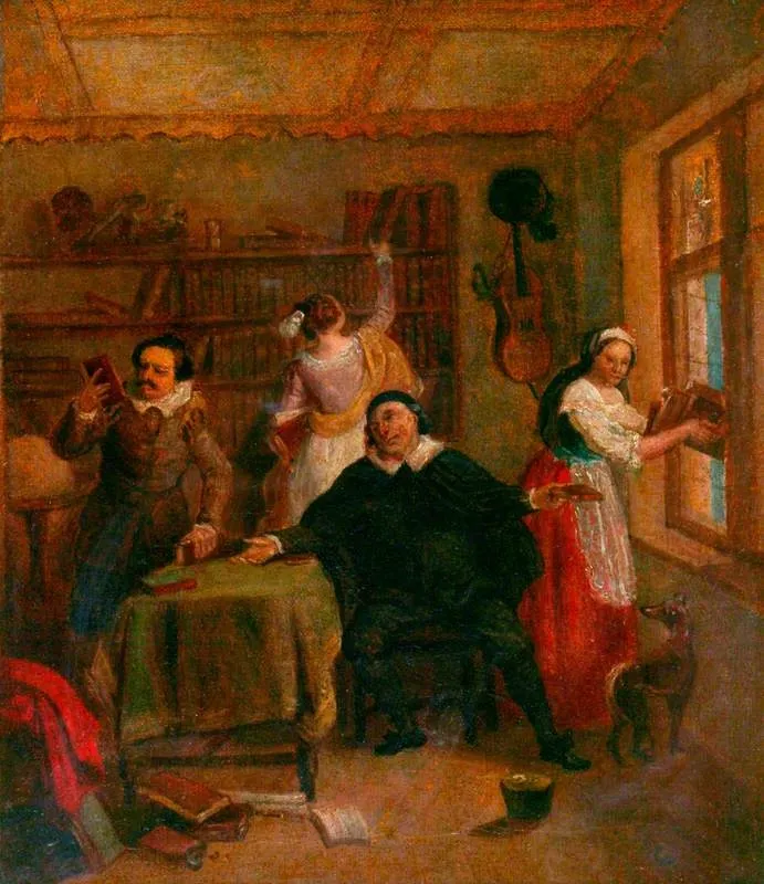 The Barber and Others Purging Don Quixote's Library (from Cervantes' novel), by John Masey Wright, oil, 1816