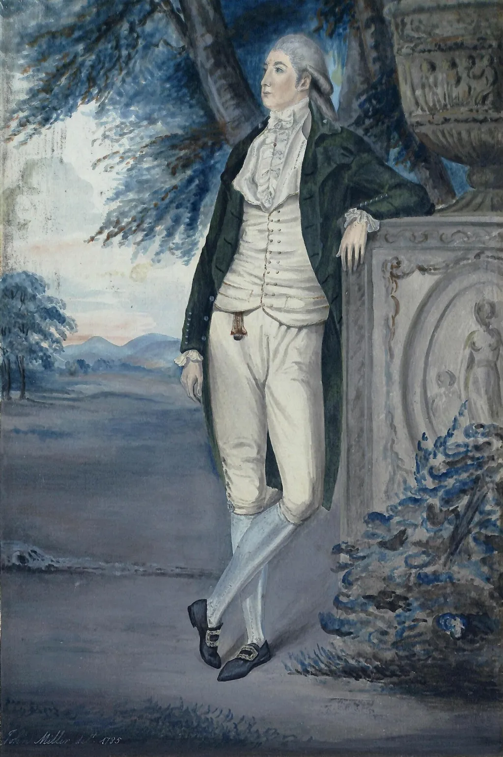 Portrait of a gentleman in a landscape, by John Miller, watercolor, 1785
