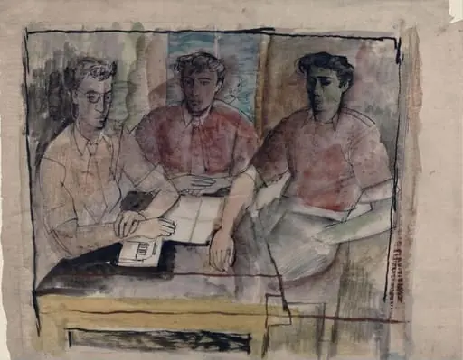 Three men seated at a table, by John Minton
