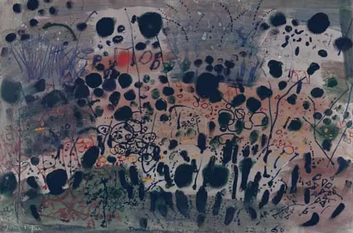 Drinkstone through a hedge, by John Piper