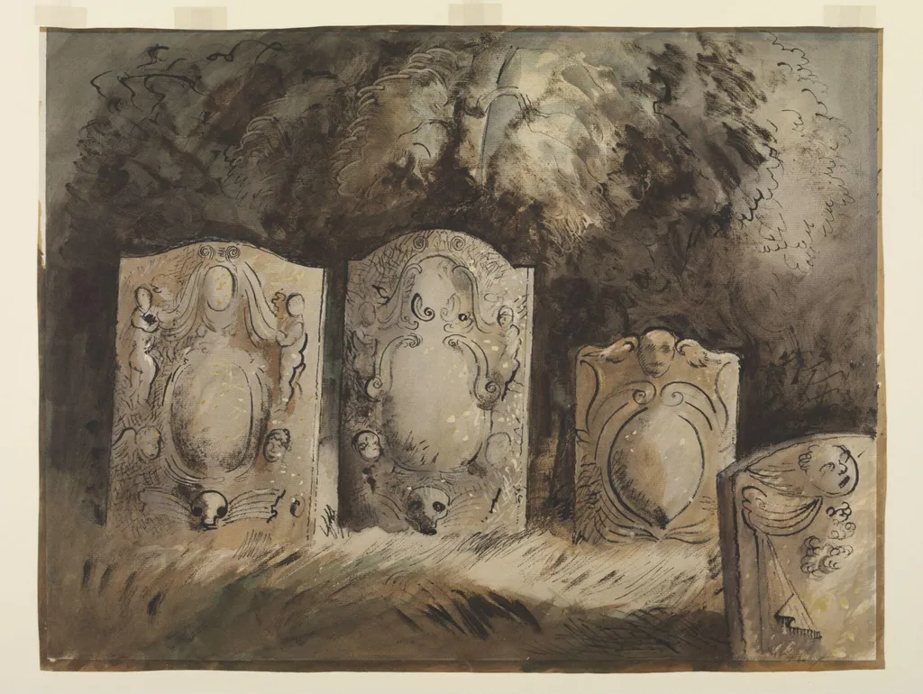 Tombstones, Holy Trinity Churchyard, Hinton-in-the-Hedges, by John Piper, watercolor, 1940