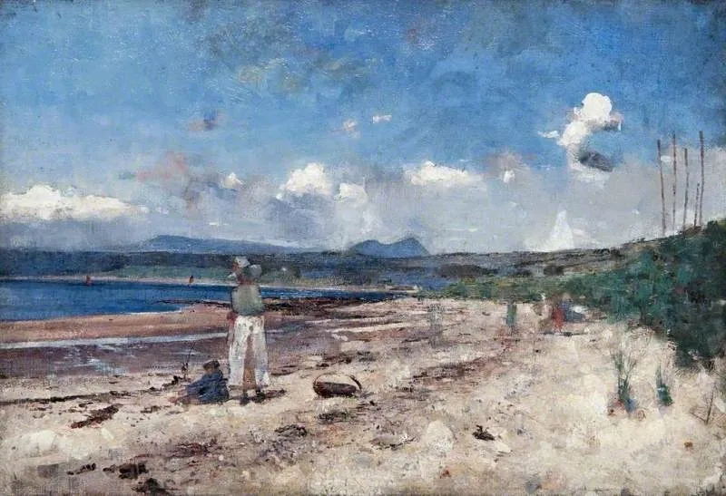 Seascape with Two Figures on a Beach and Two Boats in a Bay, by John Quinton Pringle, oil, 1903