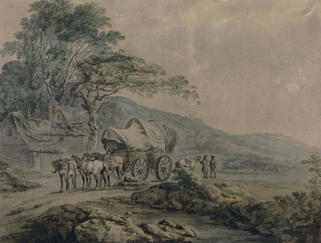 Landscape with wagon and figures, by John Rathbone, watercolor, 1770