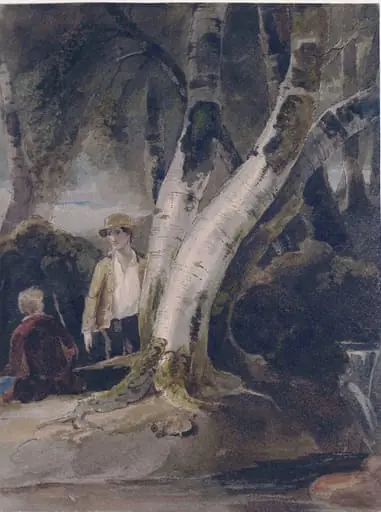 Two boys in a wooded landscape, by John Renton