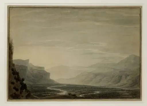 Valley with winding streams, a range of mountains in the background, and a village on the left, by John Robert Cozens