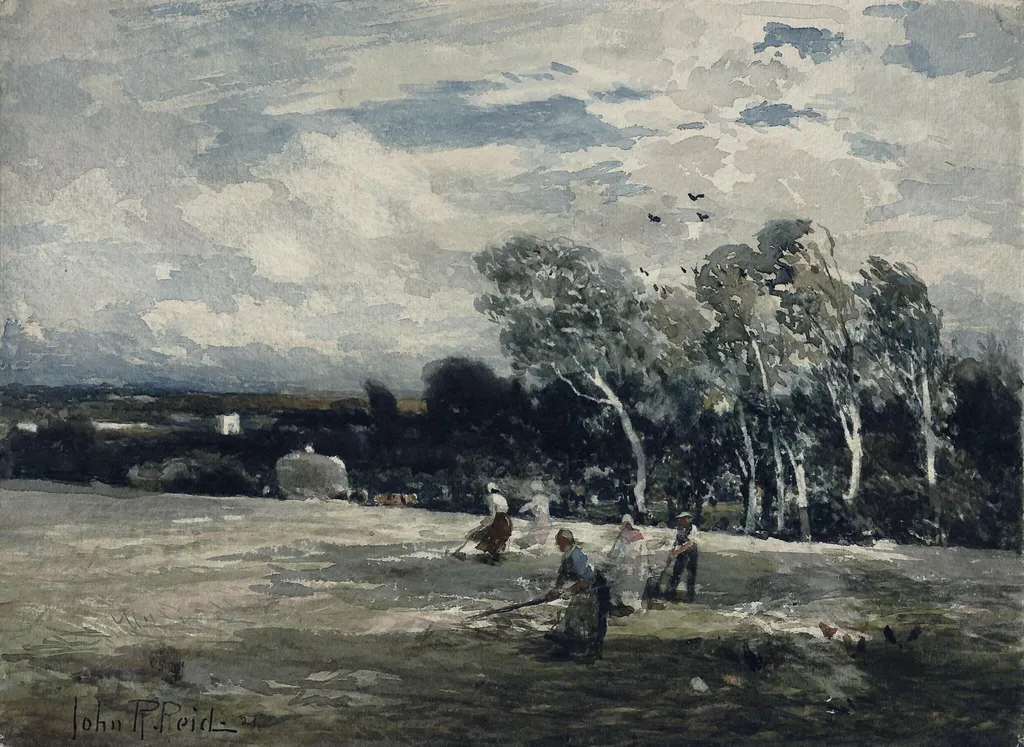 Landscape with Haymakers, by John Robertson RA RI ROI Reid, watercolor, 1921