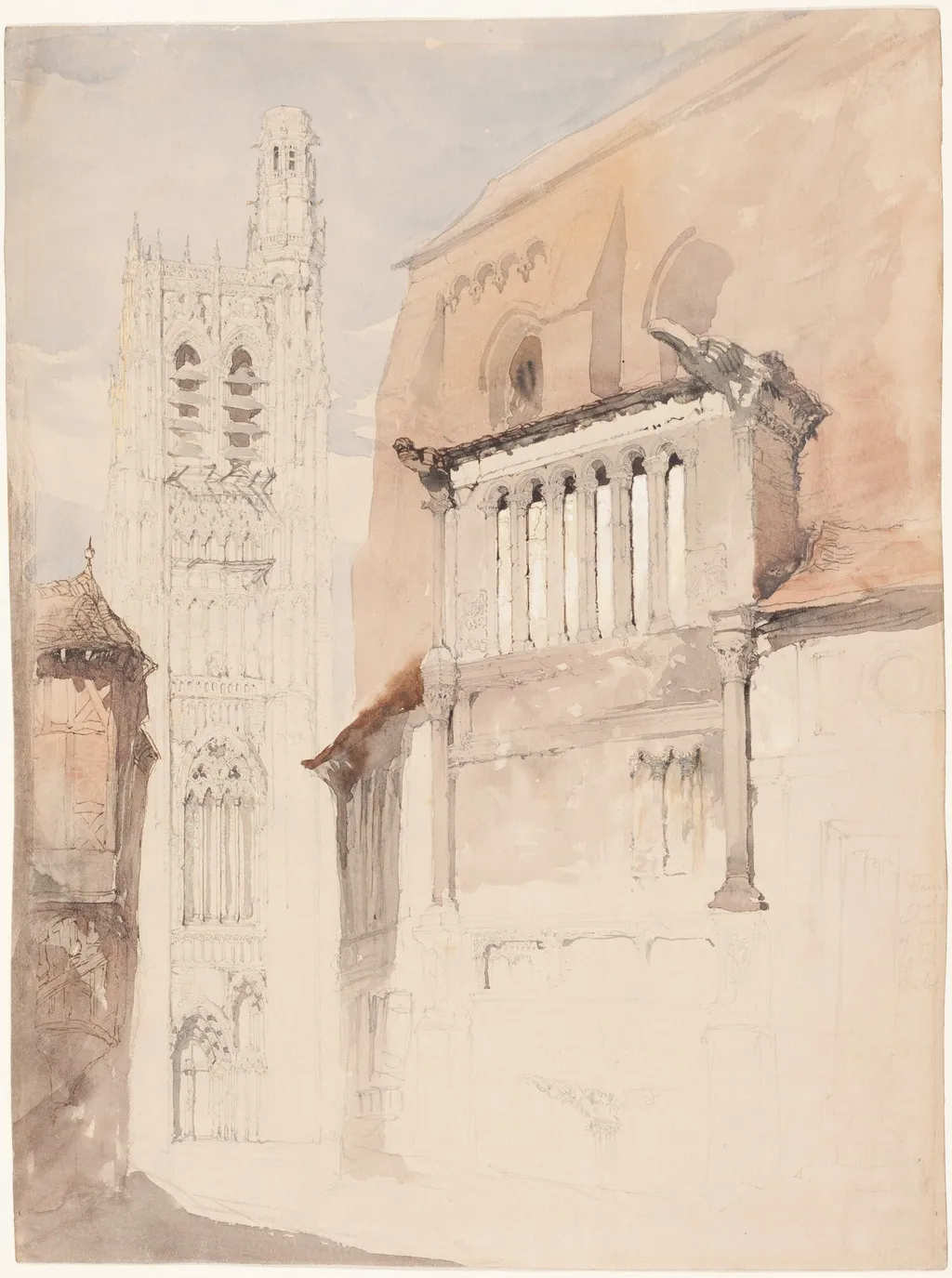 Tower of the Cathedral at Sens, by John Ruskin, ink, 1845
