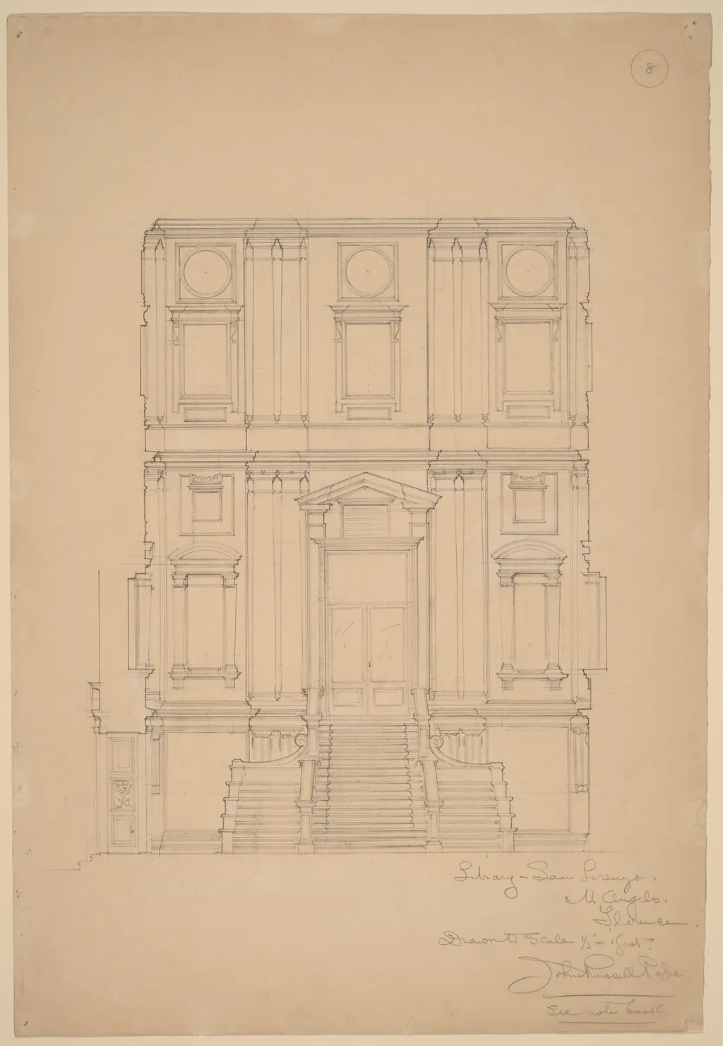 Library, San Lorenzo, by John Russell Pope, graphite, 1896