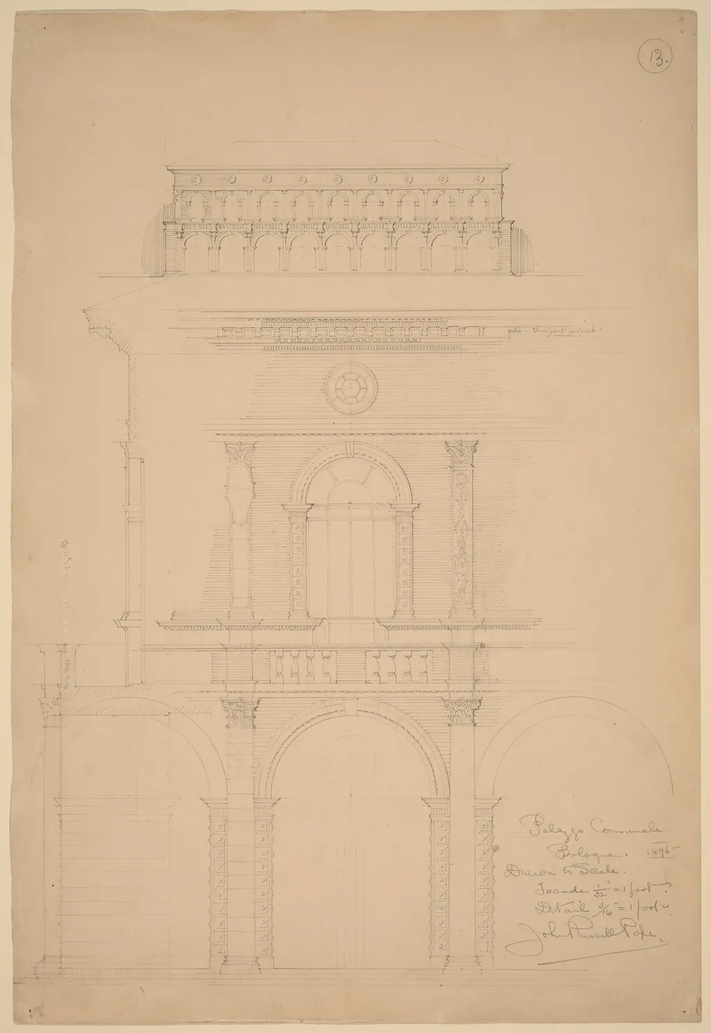 Palazzo Communale, Bologna, by John Russell Pope, graphite, 1898