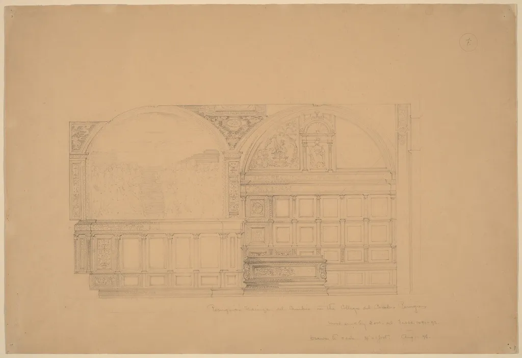 Perugino's Udienza del Cambio in the Collegio del Cambio, Perugia, by John Russell Pope, graphite, 1896