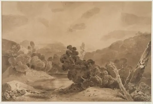 River scene with a temple or palace in the clouds, by John Samuel Hayward