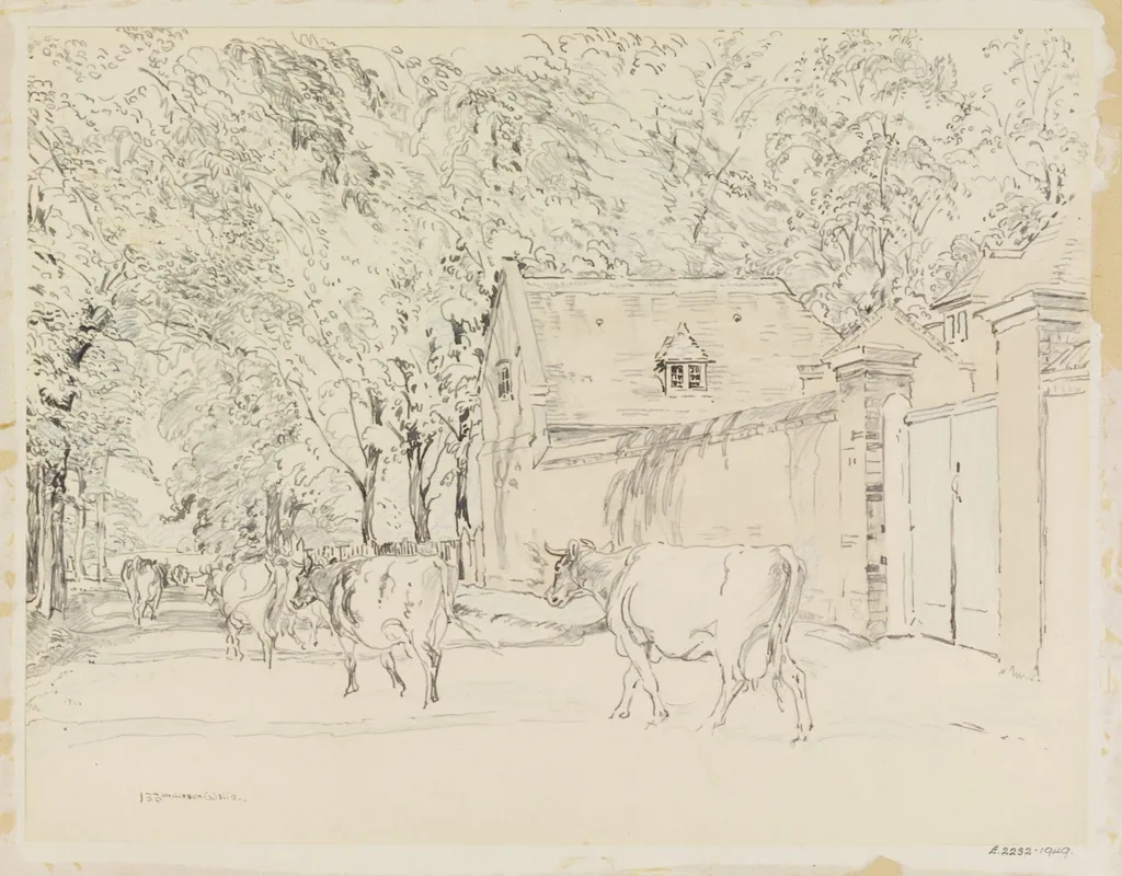 Ham Street, Cows from Manor Farm passing Ham House stables, by John Sanderson Sanderson-Wells, watercolor, 1940