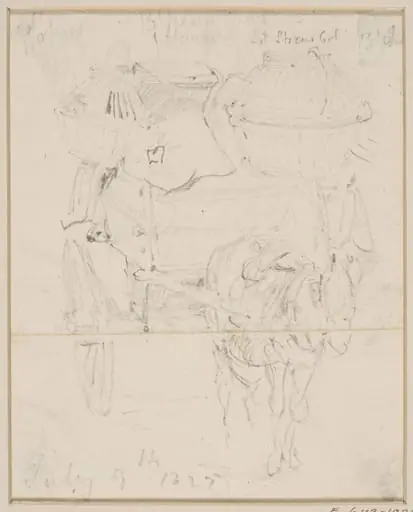 A donkey drawing a cart laden with lobster pots