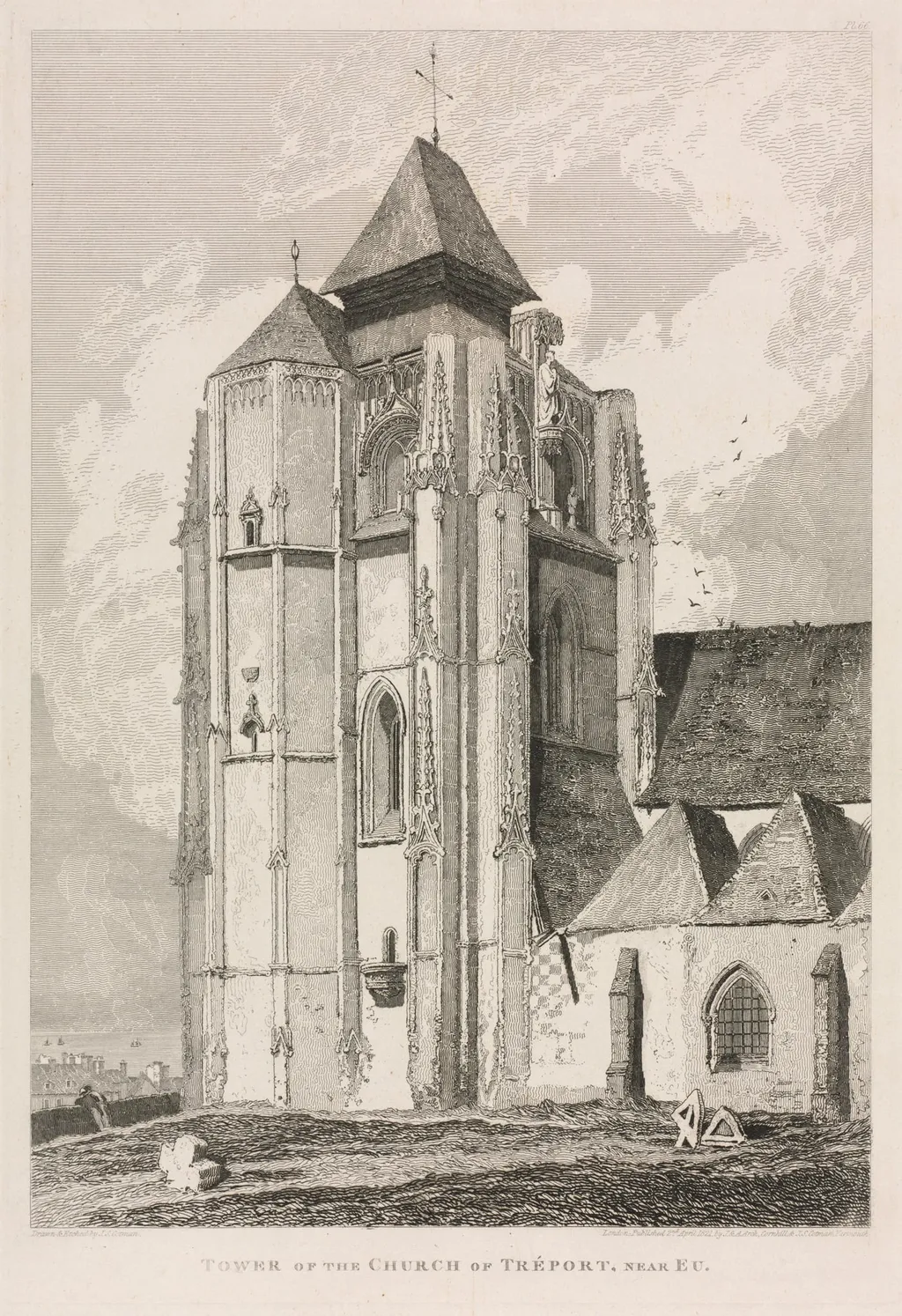 Architectural Antiquities of Normandy (Vol. II), Pl. 66: Tower of the Church of Tréport, near Eu, by John Sell Cotman, 1821