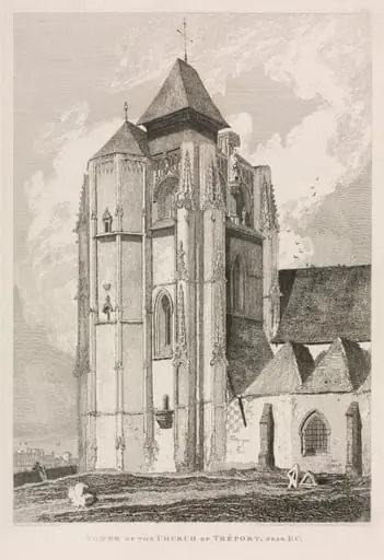Architectural Antiquities of Normandy (Vol. II), Pl. 66:  Tower of the Church of Tréport, near Eu, by John Sell Cotman