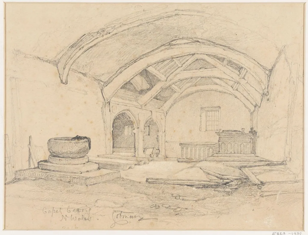 Interior of the church at Capel Curig, Carnarvonshire, by John Sell Cotman, 1810