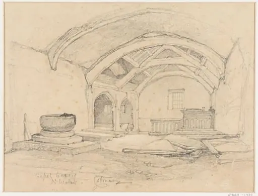 Interior of the church at Capel Curig, Carnarvonshire, by John Sell Cotman