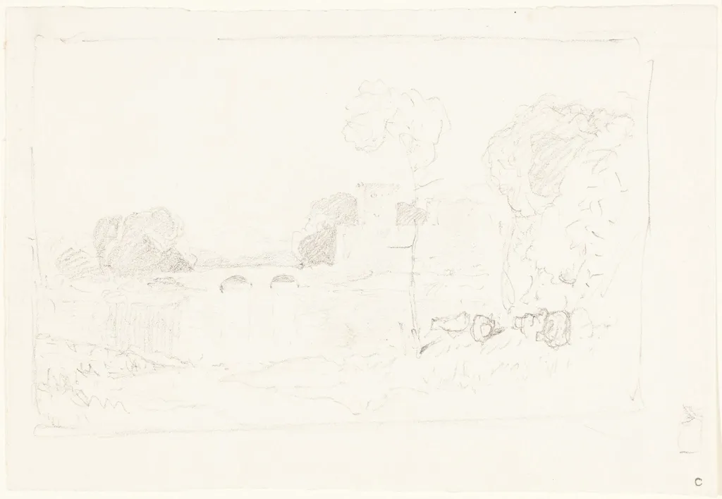 Landscape Sketch with Bridge and Castle, by John Sell Cotman, graphite, 1812