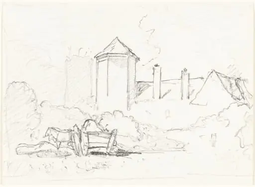 Sketch of Buildings with Cart and Horses in Foreground, by John Sell Cotman