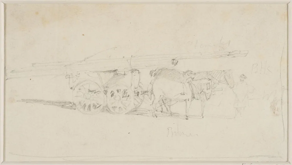 Study of two horses drawing a cart laden with timber, by John Sell Cotman, 1800