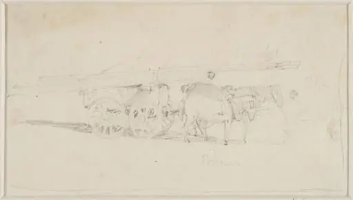 Study of two horses drawing a cart laden with timber, by John Sell Cotman