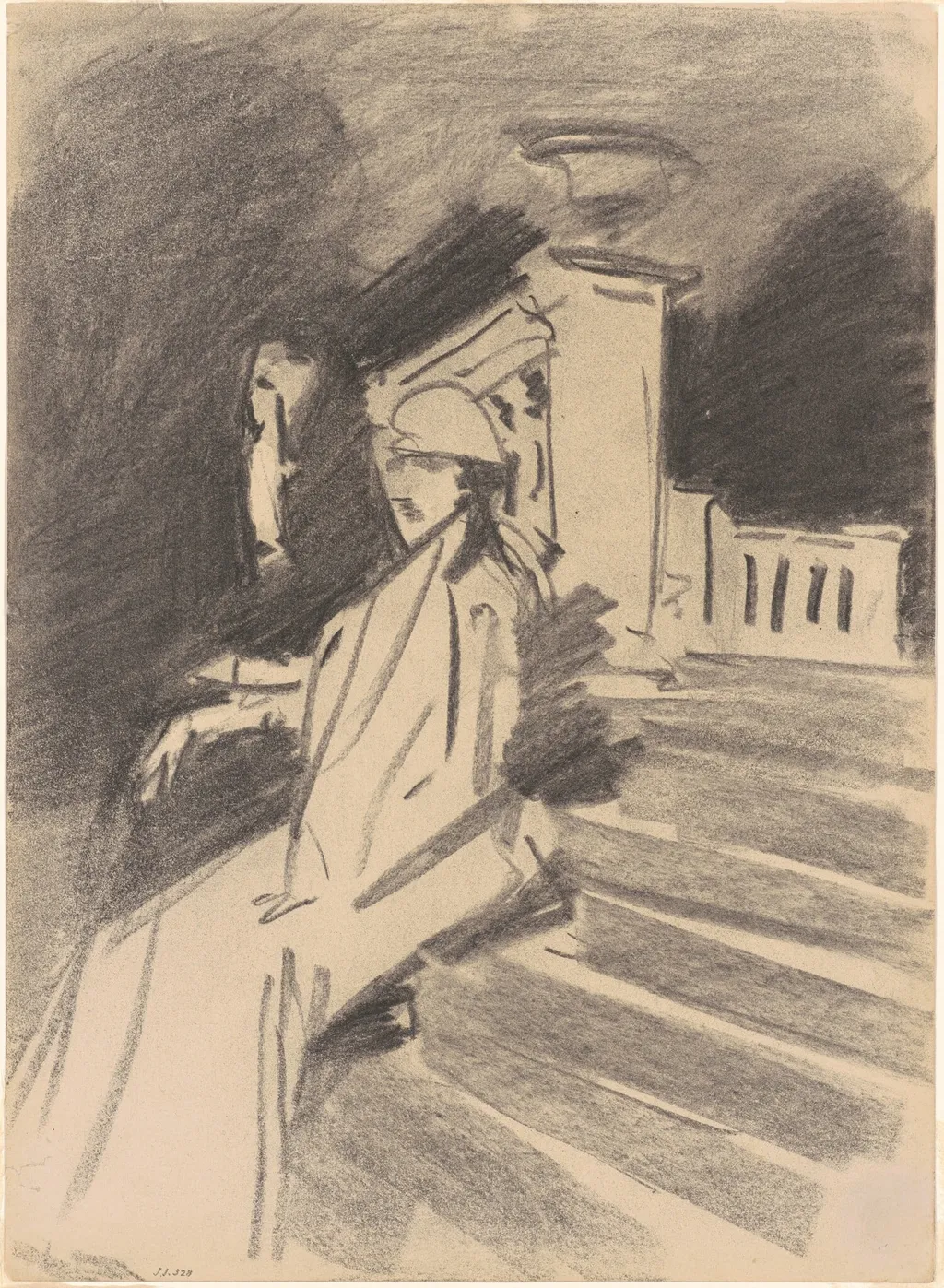 By the Fountain, Villa Torlonia, Frascati, Italy, by John Singer Sargent, charcoal, 1907