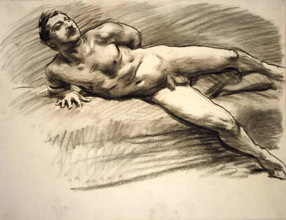 Recumbent Male Nude Leaning on His Right Forearm, by John Singer Sargent, unspecified, 1902