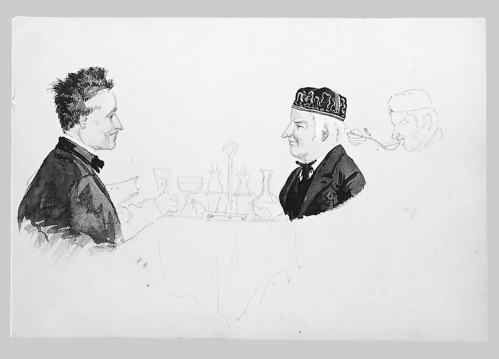 Two Men at a Table, Man Eating (from Switzerland 1869 Sketchbook), by John Singer Sargent, 1869