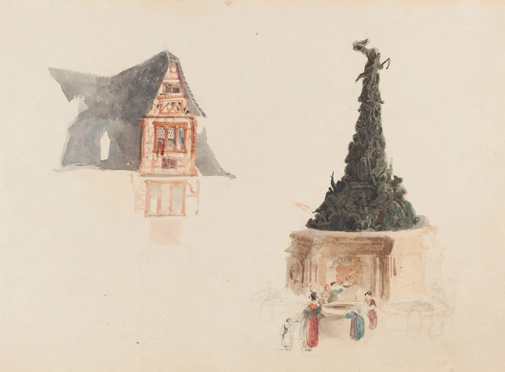 A Fountain and a Facade in Austria, by John Skinner Prout, graphite, 1841