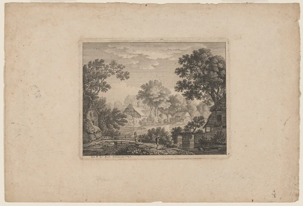 Woodland Village with a Woman on a Footbridge, by John Smith, ink