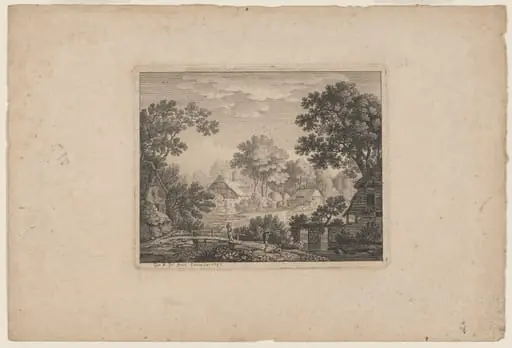 Woodland Village with a Woman on a Footbridge, by John Smith