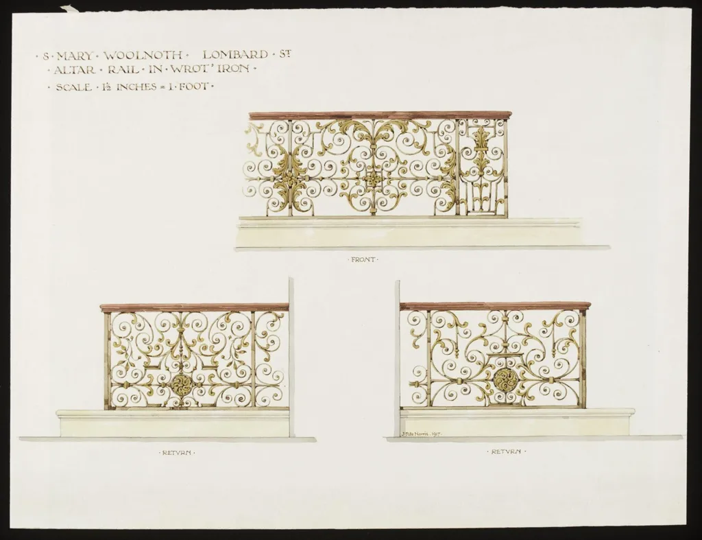 Drawing of the alter rail, St. Mary Woolnoth, Lombard Street, E.C., by John T. Pote-Norris, 1917