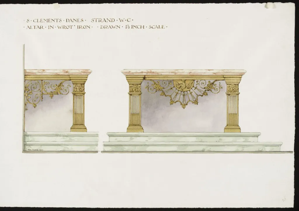 Drawing of the front and end of the altar, St. Clement Danes, Strand, W.C., by John T. Pote-Norris, 1917