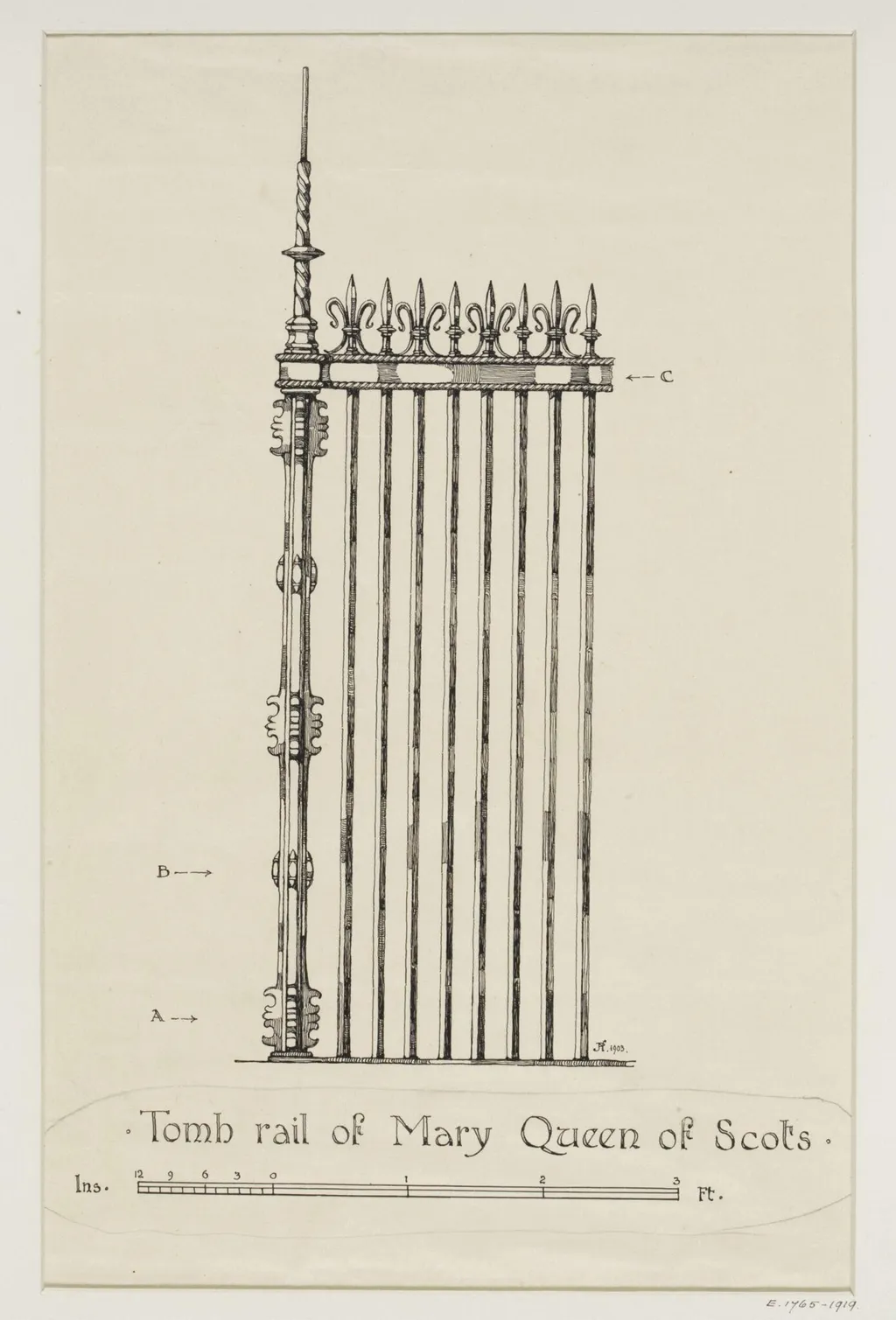 Drawing of the rail of Mary Queen of Scots' tomb, by John T. Pote-Norris, 1903