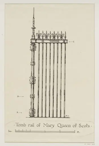 Drawing of the rail of Mary Queen of Scots' tomb, by John T. Pote-Norris