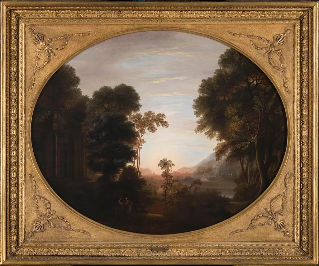 A Wooded Classical Landscape at Evening with Figures in the Foreground, by John Taylor, oil, 1772