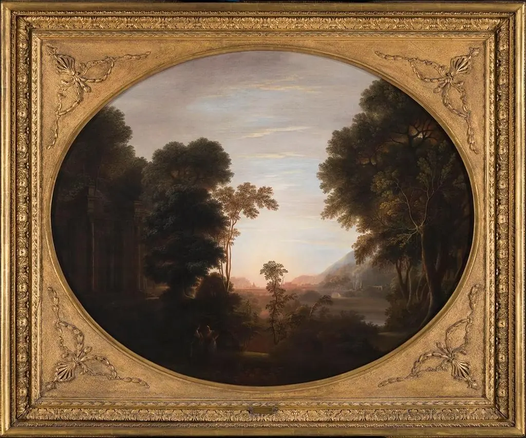 A Wooded Classical Landscape at Evening with Figures in the Foreground, by John Taylor
