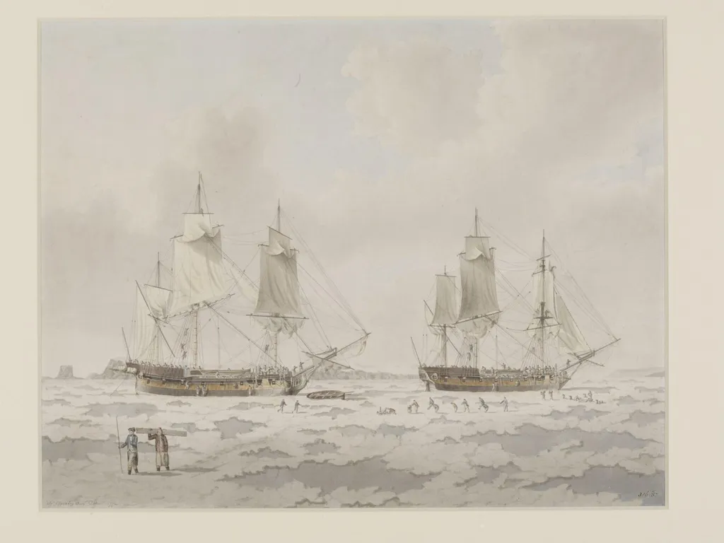 The ships 'Race-horse' and 'Carcass' of Captain Phipps' expedition embedded in ice in the Polar Regions, by John the younger Cleveley, watercolor, 1774